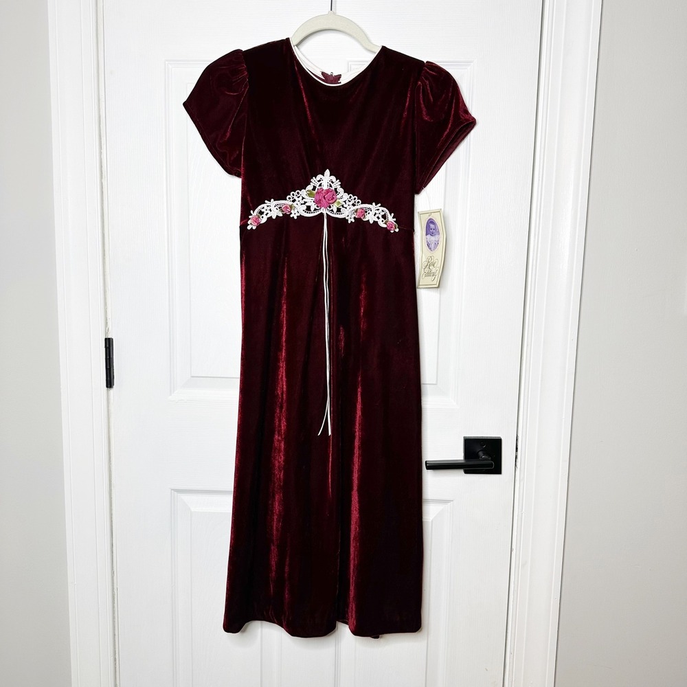 Rare Editions Velvet Dress Kids Size 8.5‎ Burgundy Lace Floral NWT